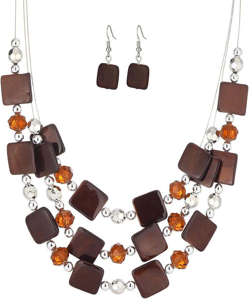 Errally Store Layered Beaded Statement Necklaces for Women Square Shell Bead Collar Necklace and Earring Set Birthday Gifts Boho Jewelry Sets for Women - Image 1